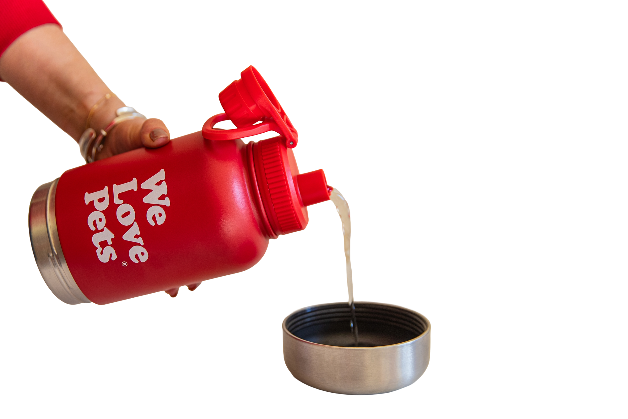 We Love Pets insulated stainless steel dog water bottle with removable food container and bowl