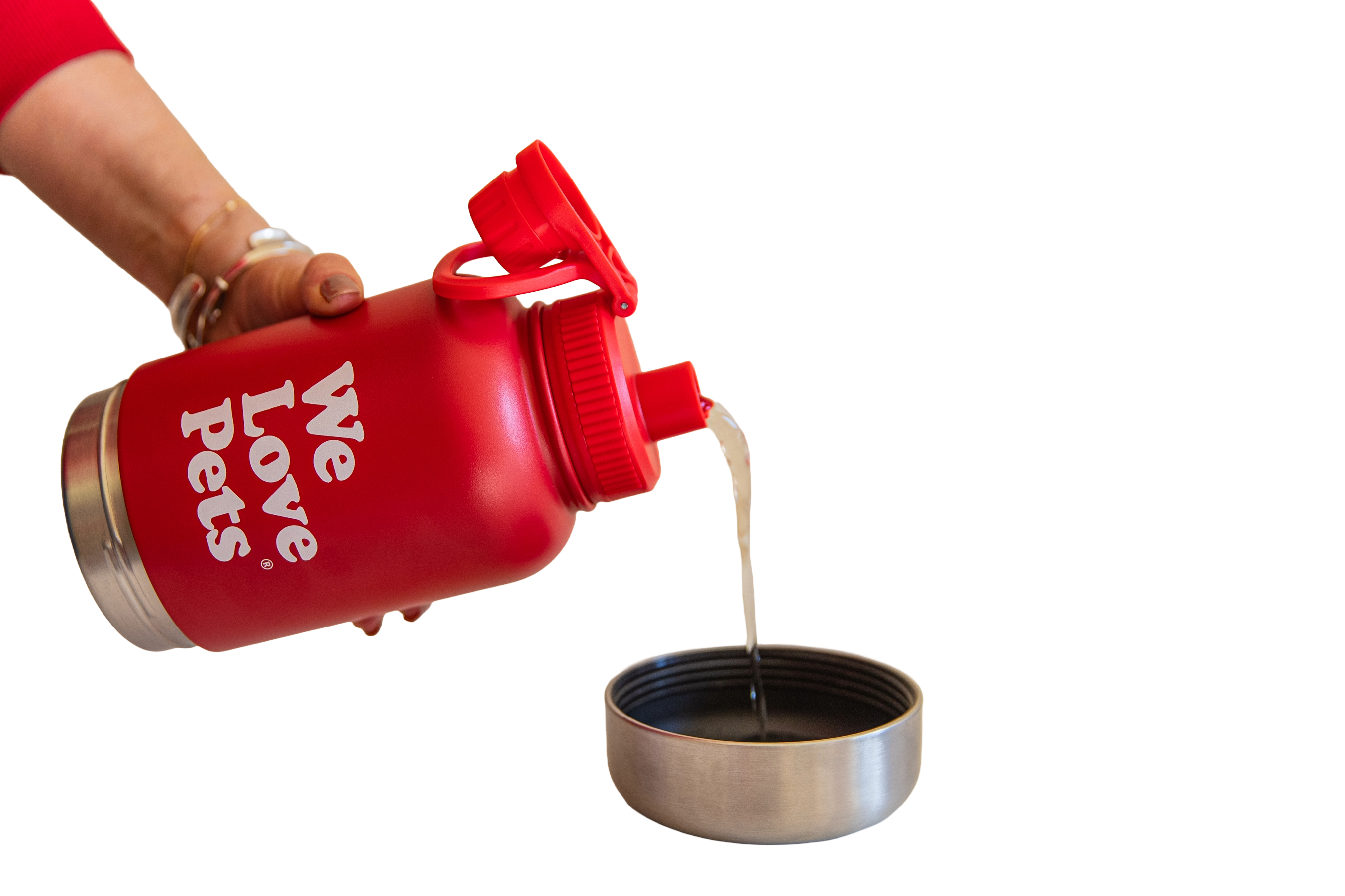 We Love Pets insulated stainless steel dog water bottle with removable food container and bowl