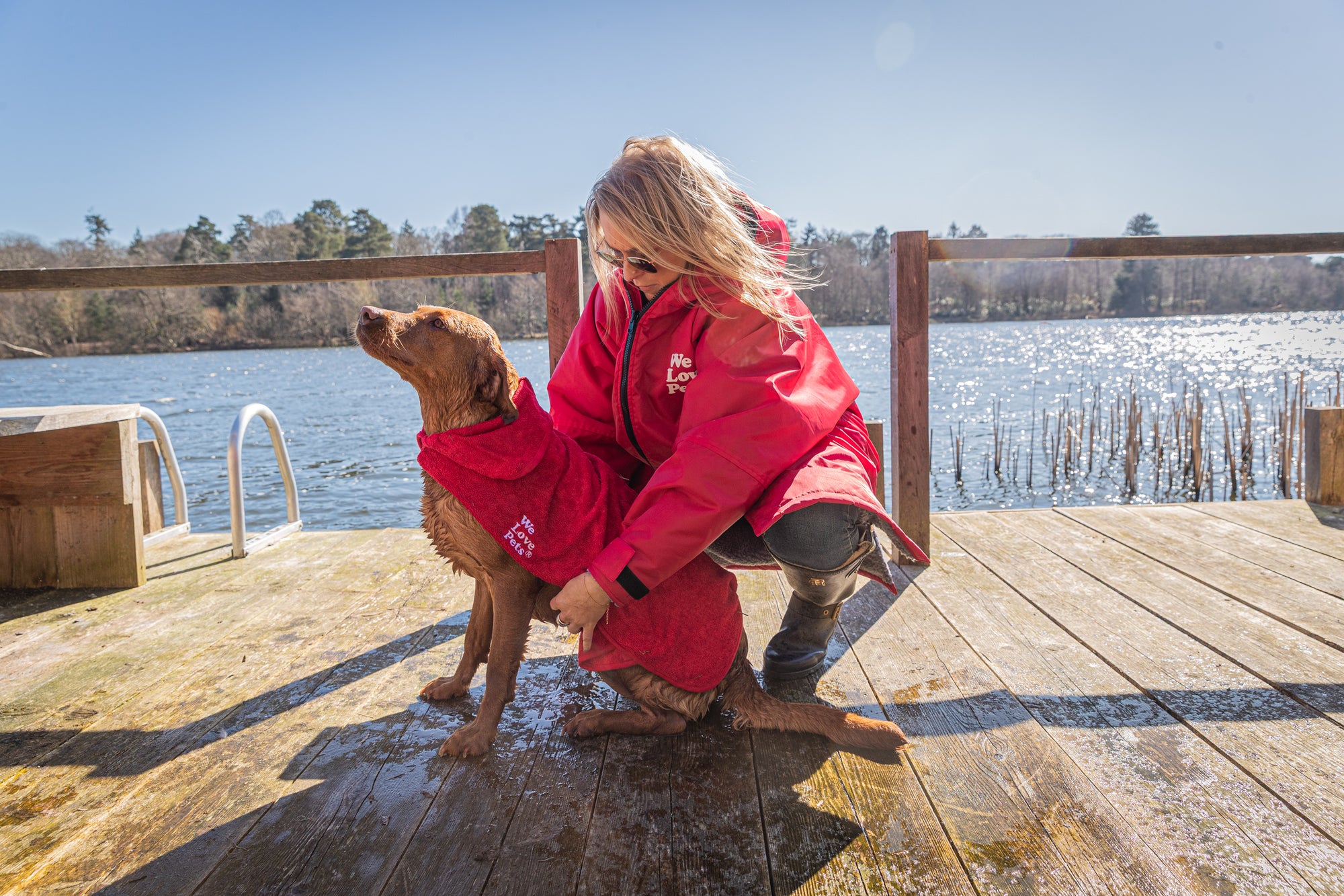 Dog wearing We Love Pets quick dry microfibre bathrobe after a bath