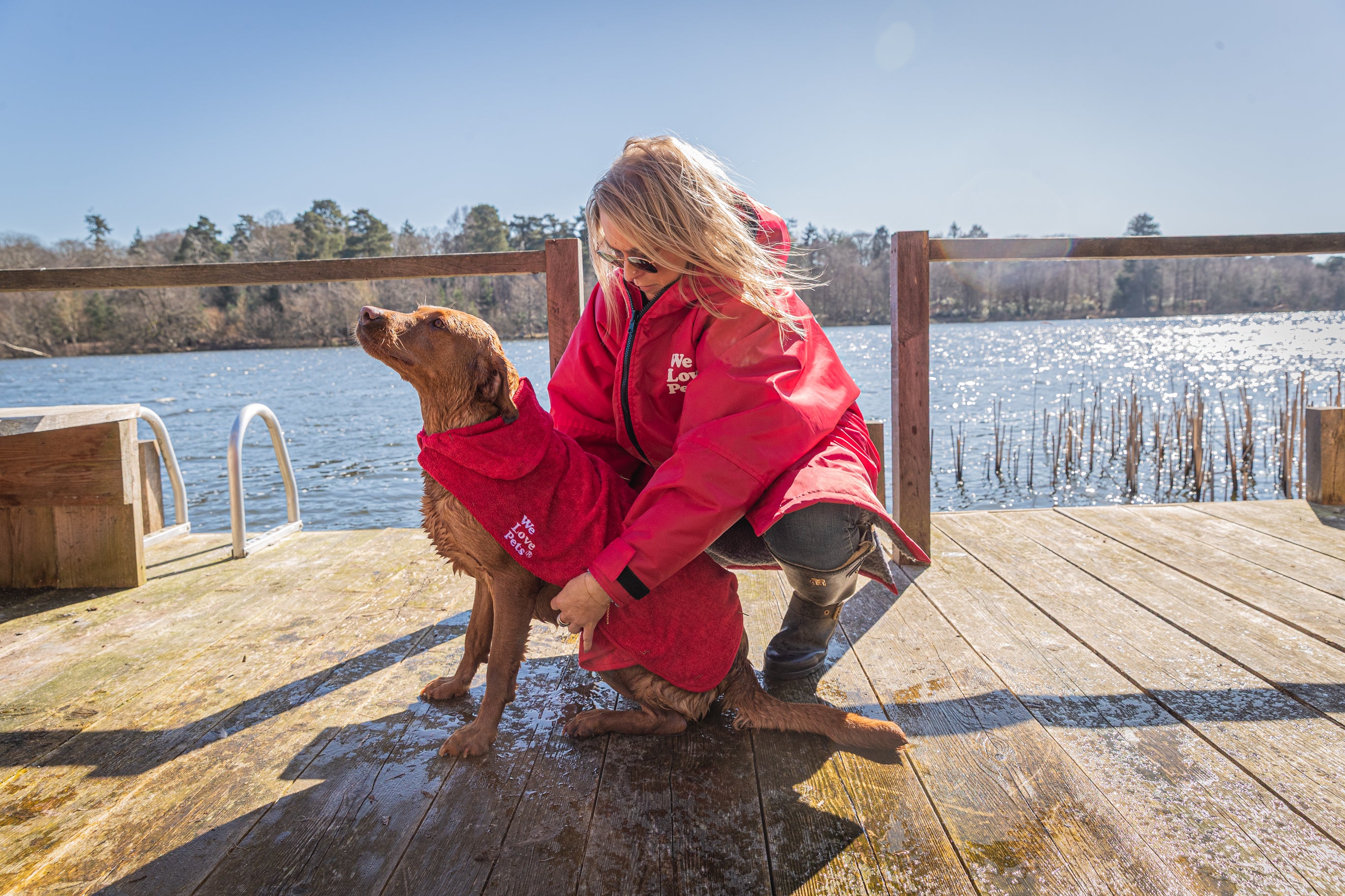 Dog wearing We Love Pets quick dry microfibre bathrobe after a bath
